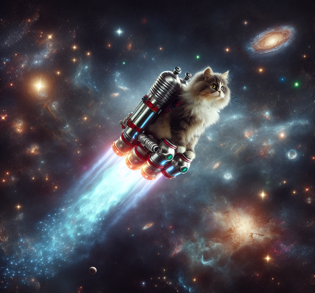 Cat on a jetpack flying through outer space.