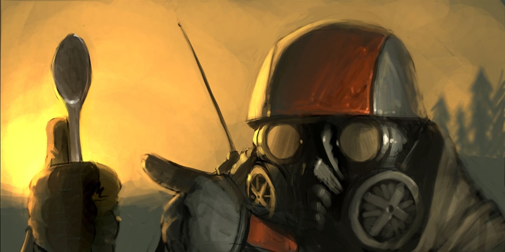Soldier from Gone With The Blast Wave holding a spoon.